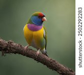 "The Gouldian Finch, scientifically known as Erythrura gouldiae, is a small, vibrant passerine bird native to the grasslands of northern Australia. Renowned for its strikingly colorful plumage, 