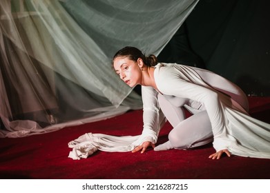 Theater Actor Artists Player Thespian Perform Play For Audience On Playhouse Public Stage. Theatre Scene Performance