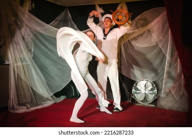 Theater Actor Artists Player Thespian Perform Play For Audience On Playhouse Public Stage. Theatre Scene Performance