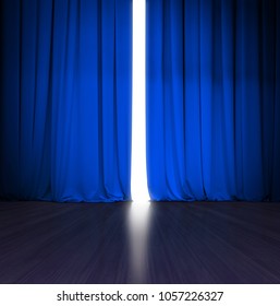 Theater Blue Curtain Slightly Open With Bright Light Behind And Wood Stage Or Scene