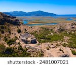 Theater at the Kaunos ancient city aerial panoramic view. Kaunos is located near Dalyan town in Mugla Province, Turkey.