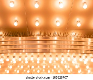 Theater Marquee Lights Walkway To The Theater. Aligned Theater Lights Of Chicago Theatre