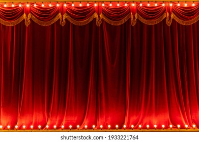 Theater red curtain and neon lamp around border - Shutterstock ID 1933221764