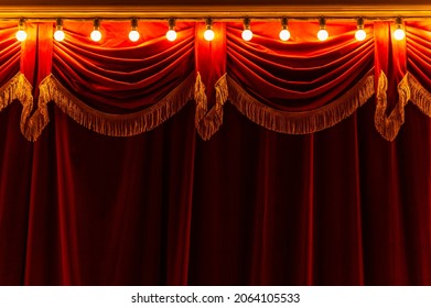 Theater Red Curtain And Neon Lamp Around Border	
