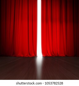 Theater Red Curtain Slightly Open With Bright Light Behind And Wood Stage Or Scene