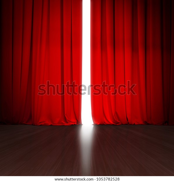 theater red curtain slightly open with bright\
light behind and wood stage or\
scene