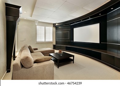 Theater Room In Luxury Home With Wide Screen