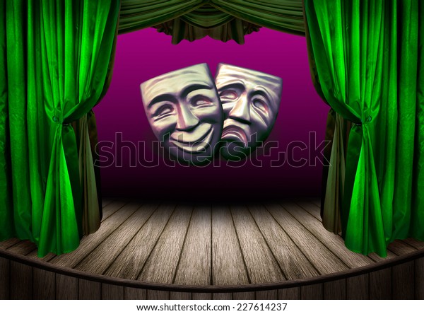 Theater stage with curtains.\
Old theatrical scene for your design - theater performance with\
masks of tragic and comedy. Art concept of theatrical poster\
design. 