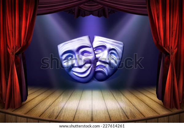 Theater stage with curtains\
and spotlights. Theatrical scene for art concept with a carnival\
masks and searchlights. Theater poster with a masks for art\
performance.