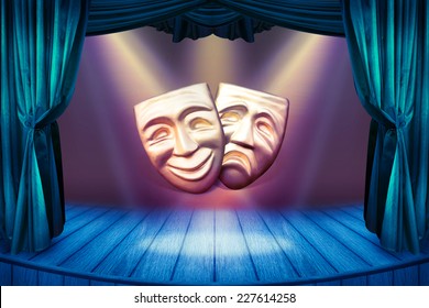 Theater stage with open curtains and spotlights. Vintage theatrical scene for your art concept with golden masks and searchlights. Theater poster with a masks for art performance.