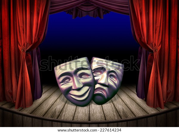 Theater stage with open red curtains. Art concept\
of theatrical classic design. Old theatrical scene - theater\
performance with masks.