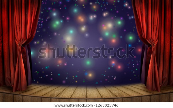 Theater stage with red curtains and spotlight\
and colorful glow confetti. Theatrical scene in the light of\
multicolored neon searchlights and glitters, interior of the old\
theater in festive\
evening.
