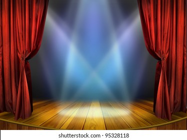 Theater stage with red curtains and spotlights. Theatrical scene in the light of searchlights, the interior of the old theater. - Shutterstock ID 95328118