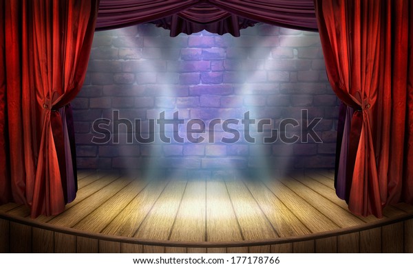 Theater stage with\
red curtains and spotlights. Theatrical scene in the light of\
searchlights, the interior of the old theater. Classical theater\
scene for design in\
showbiz.