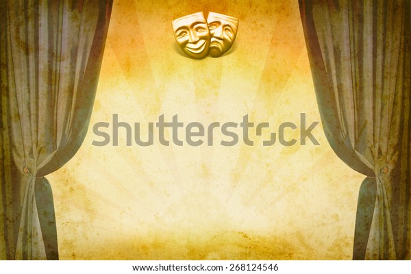 Theater vintage background with open\
curtains and masks. Art concept of theatrical classic decoration.\
Old theatrical scene - theater frame in retro\
style.