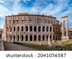 The Theatre of Marcellus, an ancient open-air theatre in Rome, Italy, built in the closing years of the Roman Republic. The ruins of Temple of Apollo Palatinus are on the right.