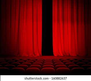 Theatre Red Curtain Slightly Open With Seats