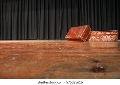 Theatre Stage. On The Stage There Are Two Old Suitcases. Selective Focus.