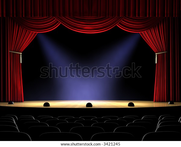 Theatre stage with red curtain and spotlights on\
the stage floor