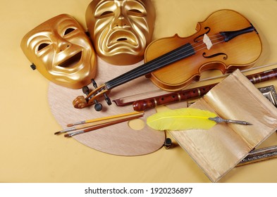 Theatrical masks, art palette, brushes, violin, bow, pipe, fountain pen, book. Attributes of the arts.  - Shutterstock ID 1920236897