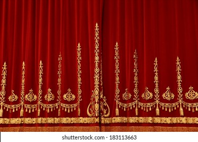 Theatrical Red Velvet Curtain With Gold Pattern