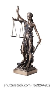 Themis With Scale And Sword Isolated On White. Justice And Law Symbol Statue