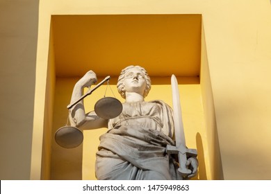 Themis Statue On The Facade Of The Constitutional Court Building In St. Petersburg, Russia. Justice