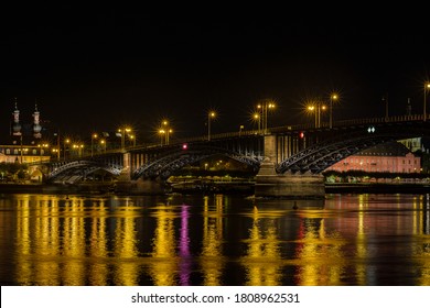 Theodor Heuss Bridge In Mainz, Germany By Night