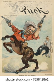 Theodore Roosevelt As A Bucking Bronco Firing Two Revolvers. PUCK Magazine Cartoon Of Sept. 12, 1900 When Roosevelt Was Running For Vice President. In The Background, A Dispirited Ohio Senator Mark Ha