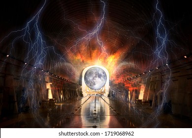 Theory of the artificial origin of the moon. The satellite is being brought into a giant futuristic alien tunnel . Sci-fi concept. Elements of this image furnished by NASA.