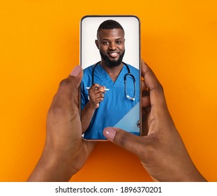 Therapist Consulting Female Patient Online Via Video Call On Smartphone. Handsome Black Doctor Giving Advices For Successful Treatment, Creative Collage For Telemedicine Concept, Closeup - Powered by Shutterstock