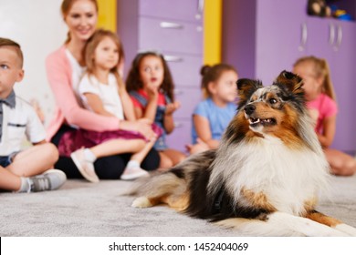 Therapy Dog And Group Of Kids In The Preschool 