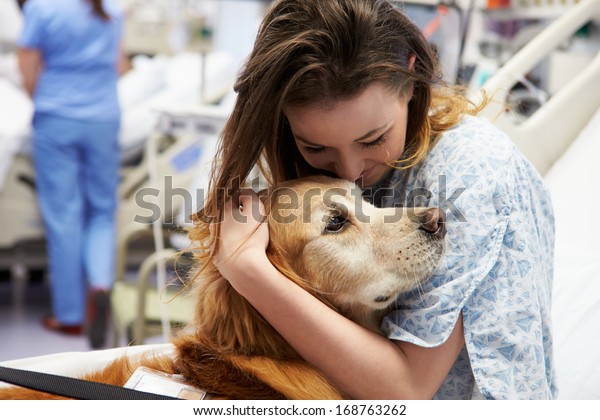 Therapy Dog\
Visiting Young Female Patient In\
Hospital