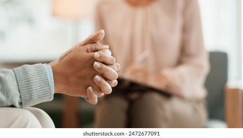 Therapy, mental health or nervous woman hands with psychologist in consultation office for mind, assessment or evaluation. Help, anxiety or counseling for patient with stress at clinic for psychology - Powered by Shutterstock