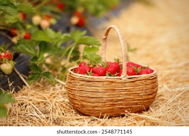 There is a basket with strawberries near the strawberry bush. Strawberry picking. Organic farm strawberries.                         - Powered by Shutterstock