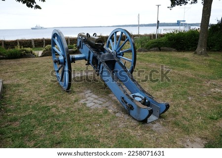 there is a blue cannon on the meadow
