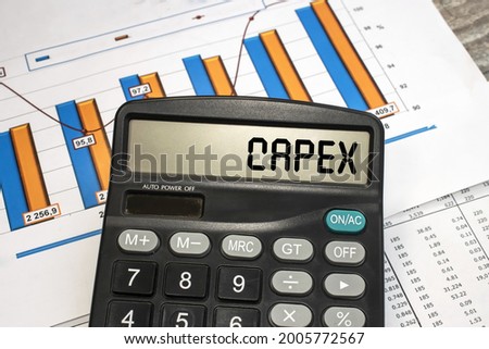 There is a calculator on the financial documents, on the monitor of which the word capex is written. Business and financial concept