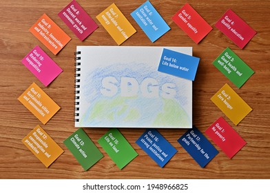 There Is Card With The Statement Goal 14:Life Below Water
. It Is One Of The Goals Of The SDGs With Sketch Book.