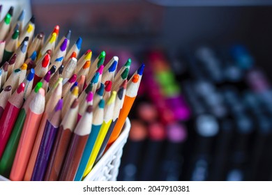 There Are A Lot Of Colored Pencils Standing Vertically In A Stationery Stand. A Set For Fine Art.