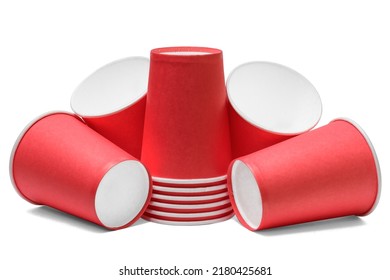 There Are Heap And Stack Of Red Paper Cups On A White Background. It's Isolated View Of Pink Carton Glass.