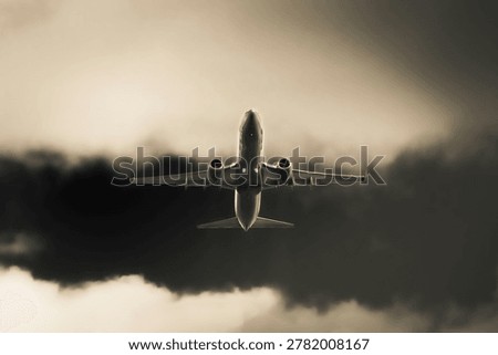 There is a large jetliner flying through the sky with clouds.