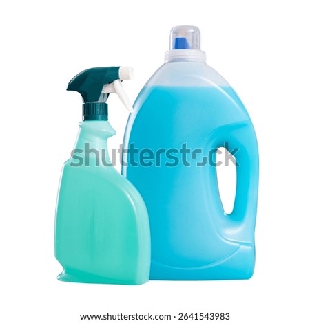 There are liquid detergent, bleaching agent in big capacity package on counter in household chemicals shop. Isolated over white background