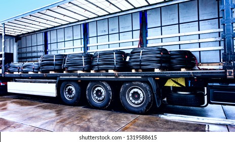 There Is A Loading To The Truck Trailer . Concept Of Wholesale . Fastening Of Freight In The Trailer . Distribution Warehouse . 