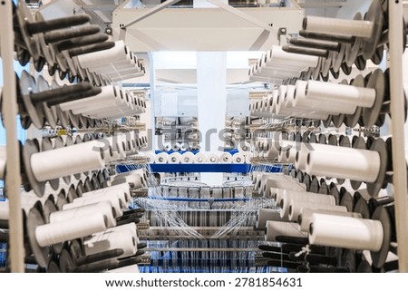 There are many large spools of white thread on the shelves, which are used in textile production. Technological processes in the textile industry