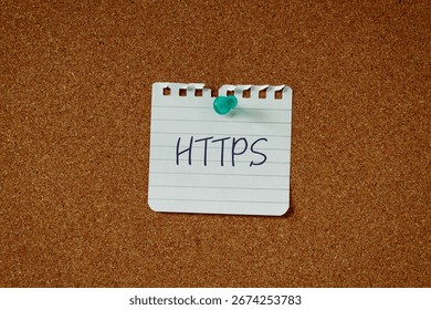 There is a piece of paper with the word HTTPS. It is an abbreviation for Hypertext Transfer Protocol Secure as eye-catching image.