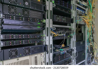 There are racks with server computers in the data center. Powerful computing equipment is on the technical site of the Internet provider.