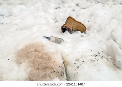 There is a shoe and a bottle in the snow - Shutterstock ID 2241151487