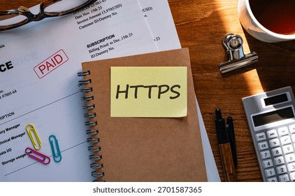 There is sticky note with the word HTTPS. It is an abbreviation for Hypertext Transfer Protocol Secure as eye-catching image.
