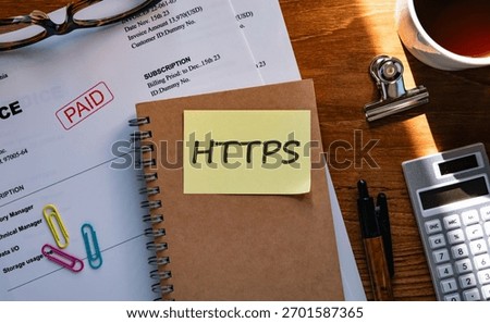 There is sticky note with the word HTTPS. It is an abbreviation for Hypertext Transfer Protocol Secure as eye-catching image.