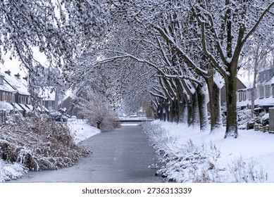 There are trees along a ditch and everything is covered in snow.